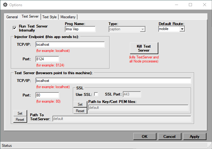 text server tab of the options window