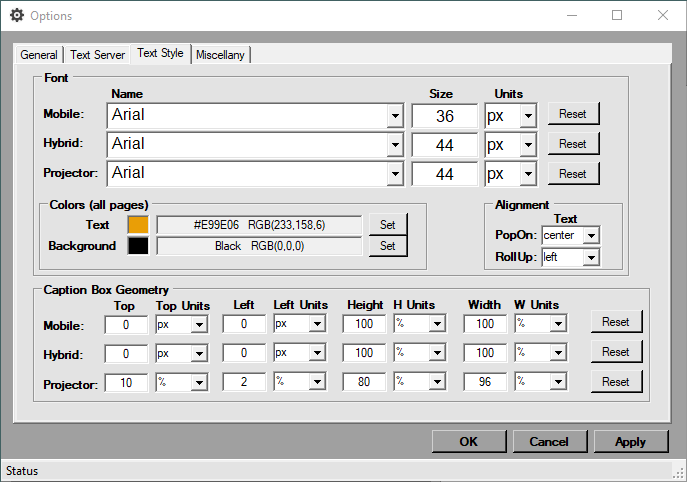 text style tab of the options window