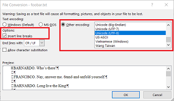 microsoft word's second Save As screen showing the insert line breaks option checked and the Other encoding set to Unicode (utf-8)