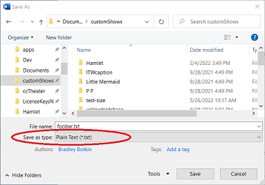 microsoft word's 'Save As' dialog showing the Save As Type set to Plain Text